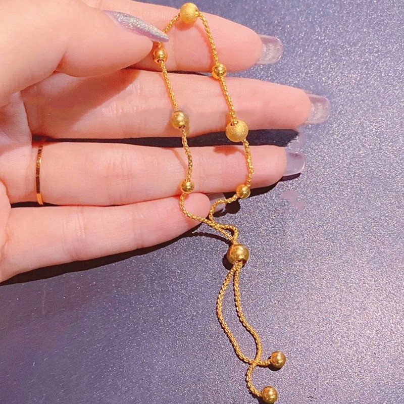 Gelang Titanium Serut Manik Matte Emas 18K Cantik Anti Karat Perhiasan Wanita Korea