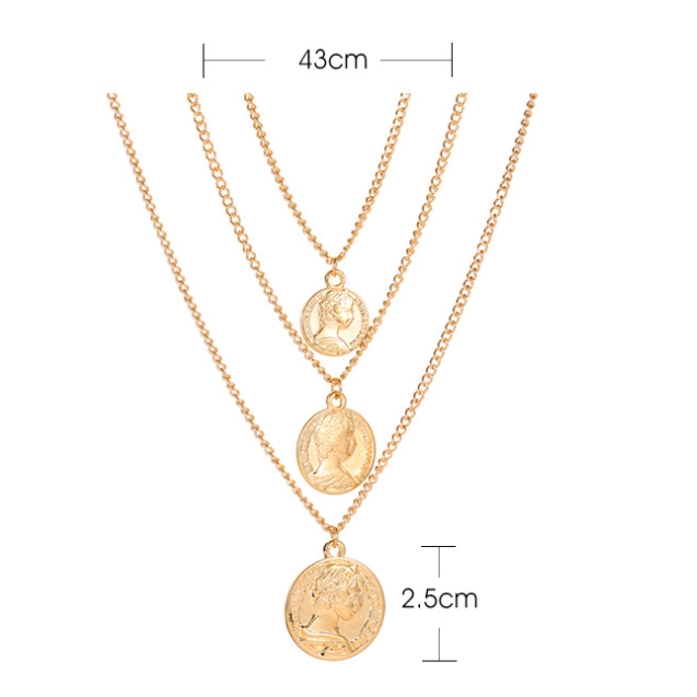 Kalung Logam Tiga Lapis Yang Stylish Gaya Bohemian Rantai Sweater Kepala Koin Liontin