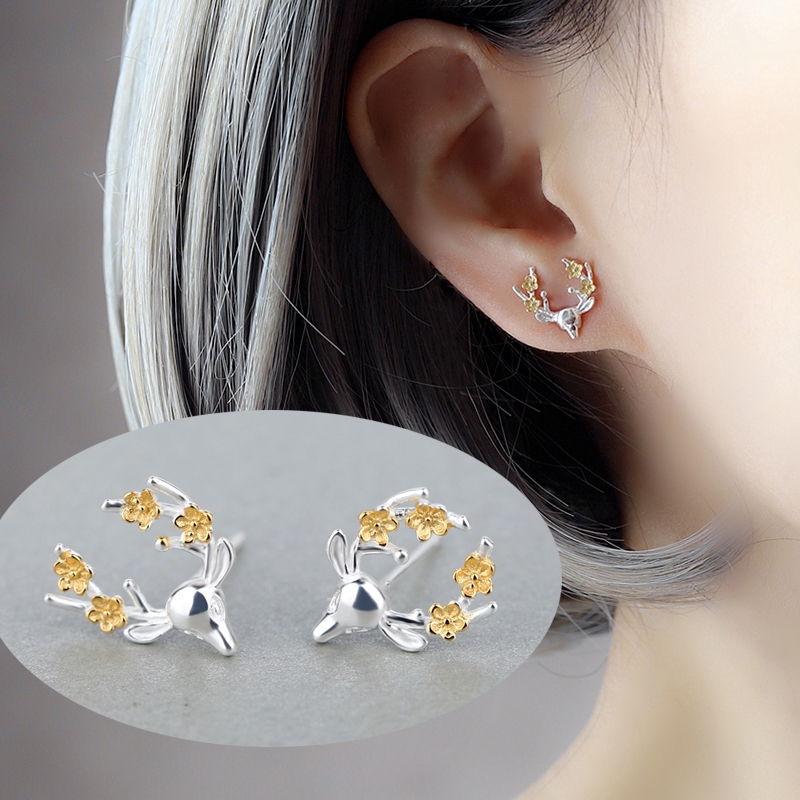 Anting Bunga Rusa Lucu Cute Deer Flower Stud Earrings for Women Silver Jewelry Fashion Tiny Charm Party Earring