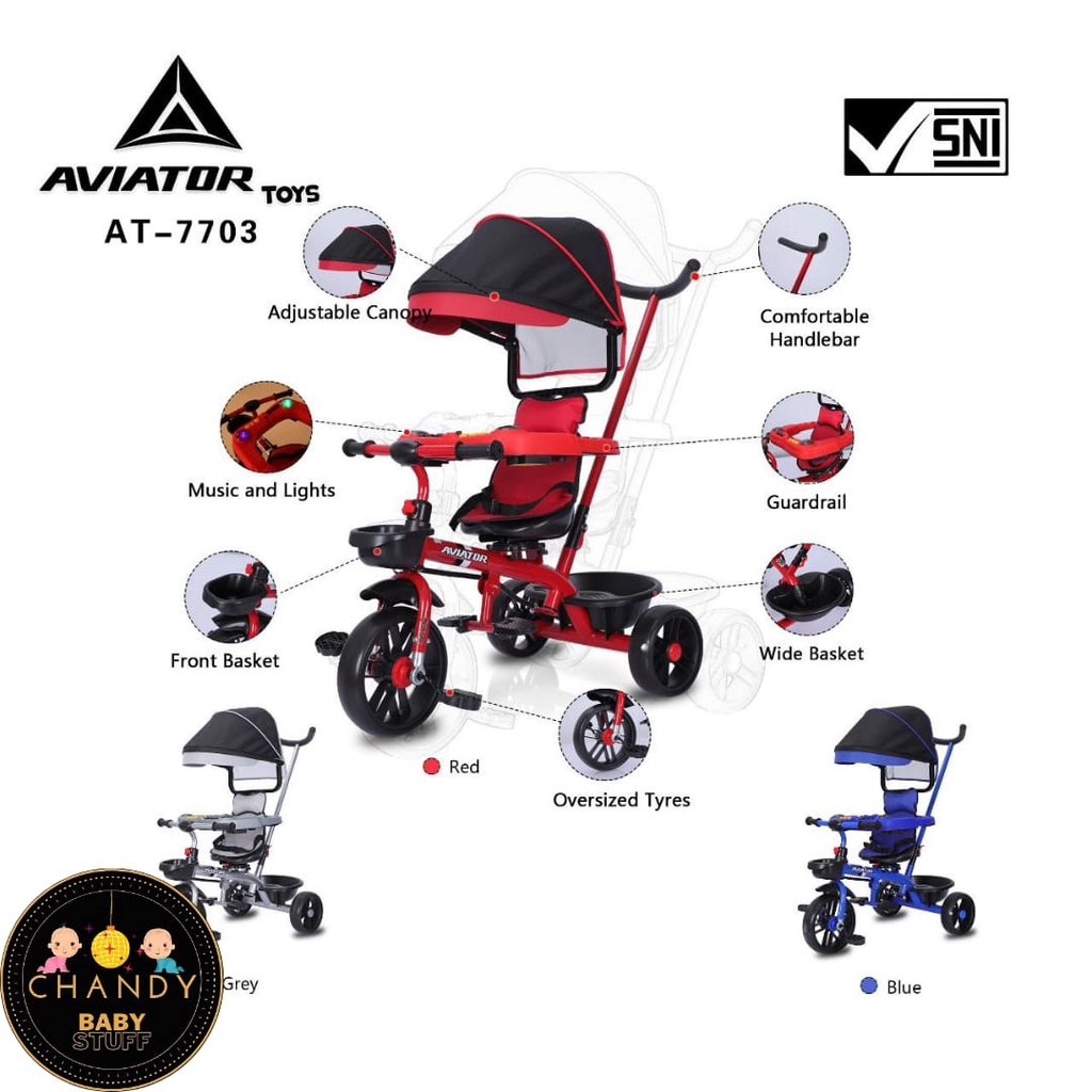 SEPEDA RODA TIGA TRICYCLE AT 7703 AVIATOR (ADA PENGAMAN, KURSI BISA PUTAR, LAMPU DAN MUSIK)