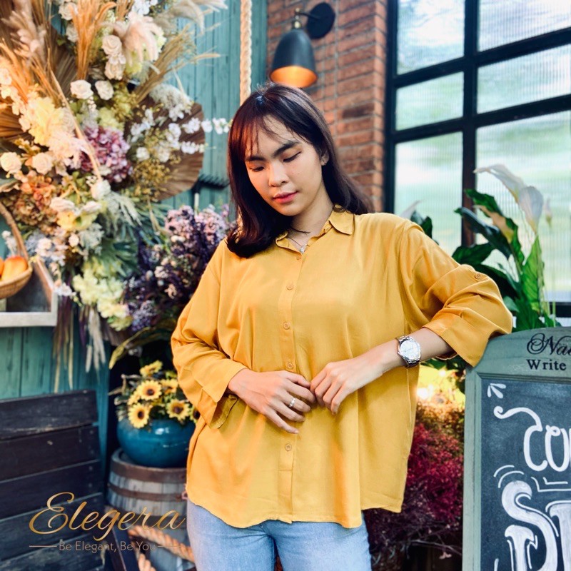 Kemeja Wanita Casual Katun Rayon Polos Cewek Lengan Panjang Scoder-Mustard