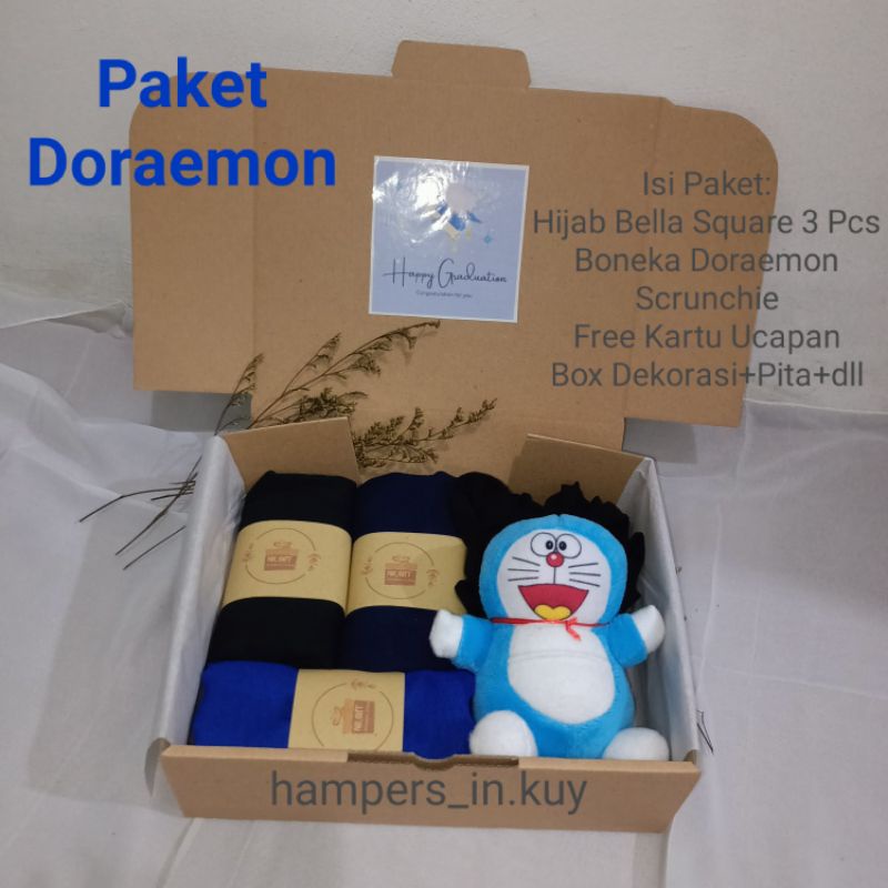 Hampers Hijab Boneka Doraemon | Kado Ulang Tahun | Gift Box Birthday | Kado Wisuda | Gift Box Graduation| Hadiah Cewek