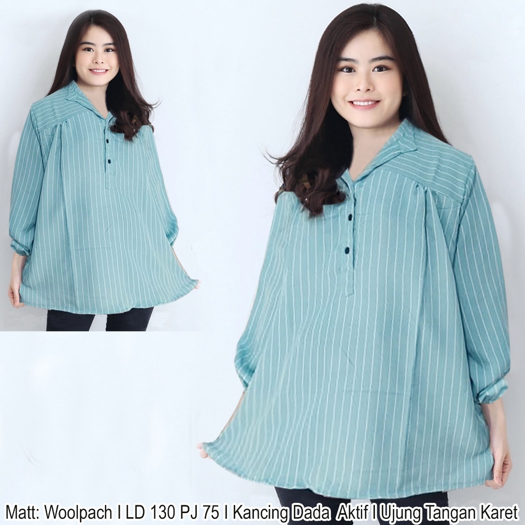 ISF [COD] + [GRATIS ONGKIR]  Blouse Jumbo Revo Atasan Lengan Panjang BIG SIZE XXXL LD 130 CM P 75 CM-Biru Putih