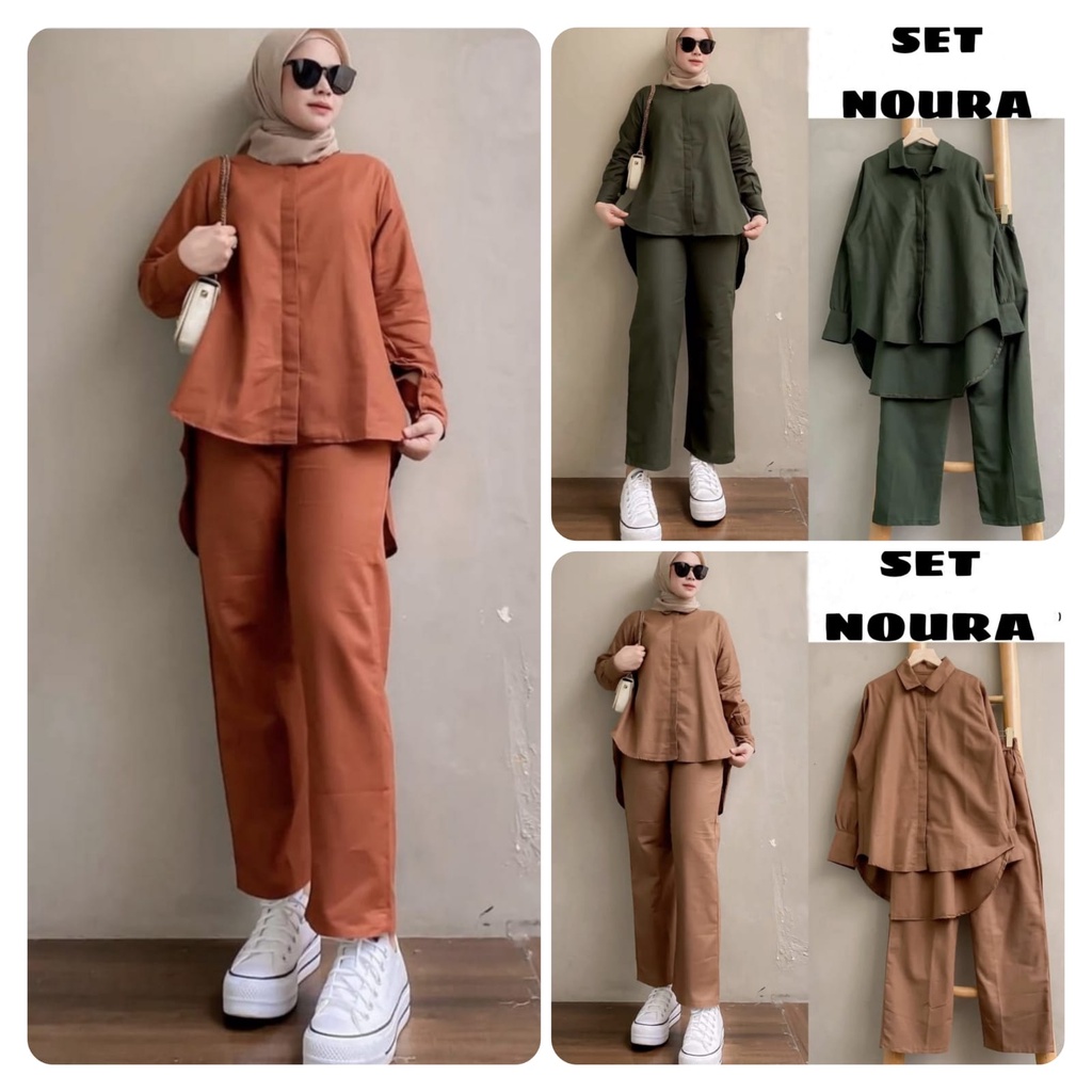 SET NOURA FASHION PAKAIAN WANITA SETELAN ATASAN DAN CELANA BAHAN SHAKILA KR