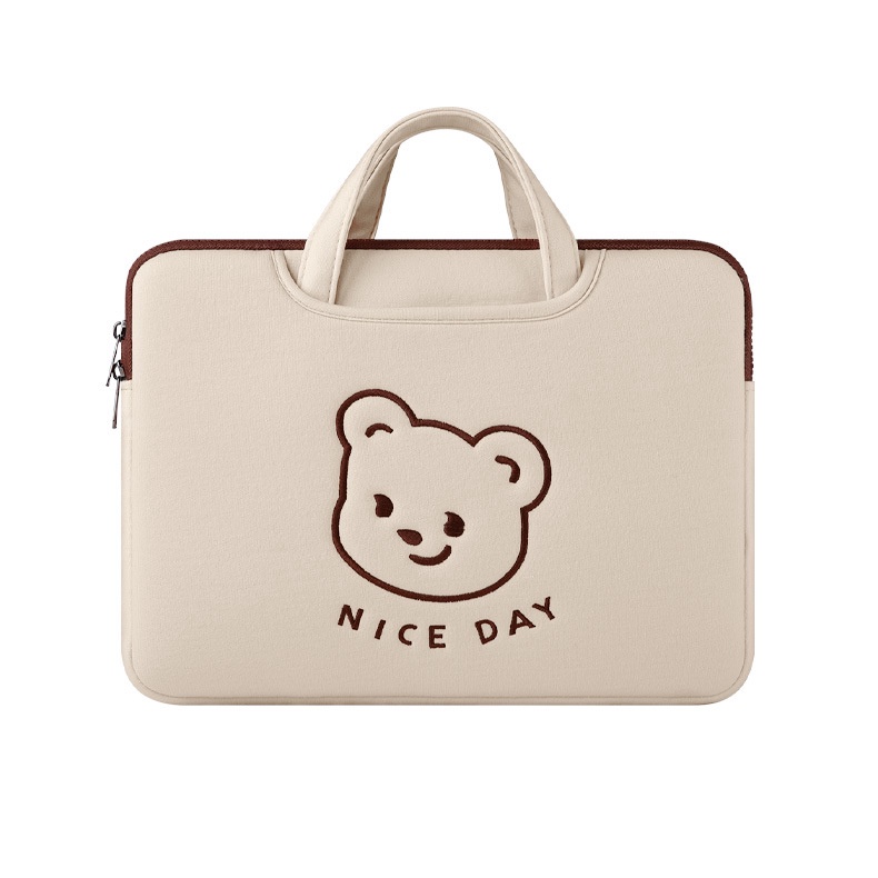 Sleeve Pouch Sarung Tas Bag Case Ipad Tab Tablet Macbook Air Pro Laptop Asus Acer Lenovo HP Huawei 11 12 13 14 15 inch Motif Gambar Beruang Bear Warna Putih Krem Coklat White Brown Lucu Cute Murah Korean Model Tali Jinjing Banyak Slot Ruang Stationary