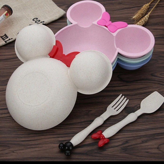 Piring Set Sendok Garpu Bentuk Mickey Mouse Bowl Peralatan Makan Mangkok Anak  Mangkuk Dapur-G318