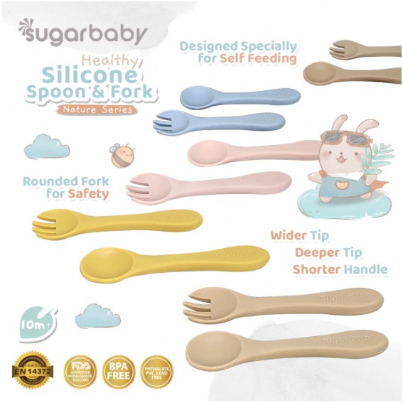 Sugar baby Perlengkapan MPASI Bayi Healthy Silicone Bowl Spoon &amp; Fork Silicone Bib Silicone Plate (Nature Series) CBKS