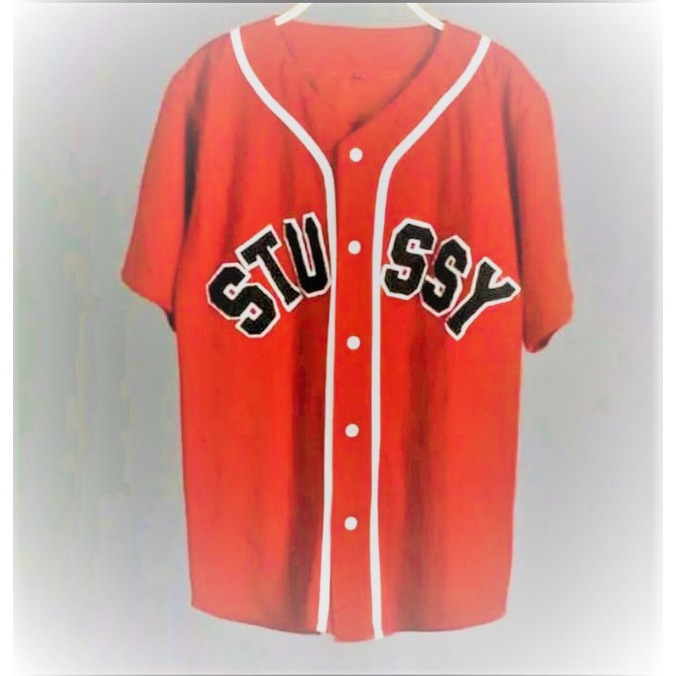 BAJU BASEBALL STUSSY MERAH&HITAM TRENDY  UNTUK PRIA&WANITA PRODUK ORIGINAL TERMURAH & TERBARU