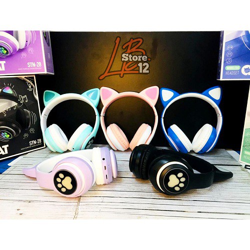 [PAKET LENGKAP] Headphone Bluetooth Bando CAT EAR STN 28 + SMARTWATCH 7 IN 1 / Headset Wireless Bando Cat Led STN-28 Macaron