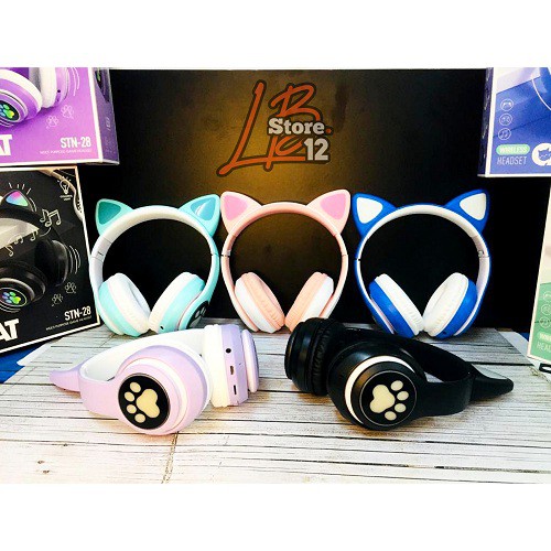 Headphone Bluetooth Bando CAT EAR STN 28 / Headset Wireless Bando Cat Led STN-28 Macaron