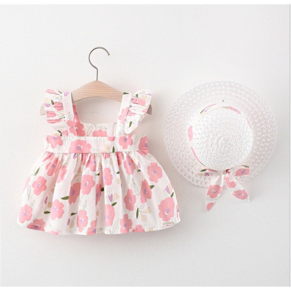 A86- Set Dress dan topi /baju dress anak /pakaian bayi anak perempuan motif bunga-bunga kualitas premium