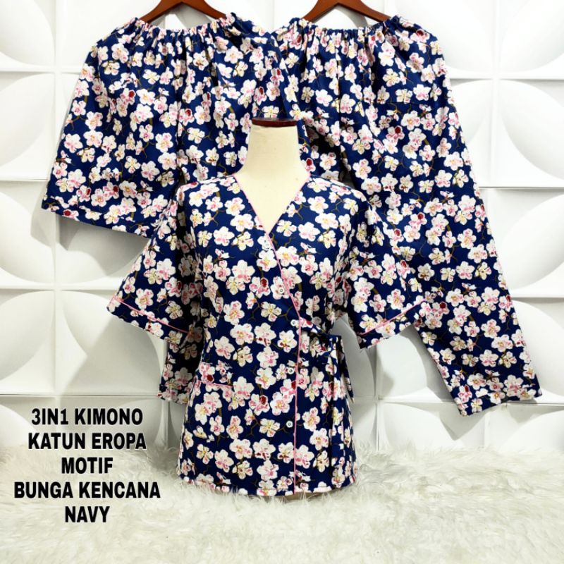 Piyama Kimono 3 in 1 dewasa motif Bunga sakura-Kencana Navy KMN