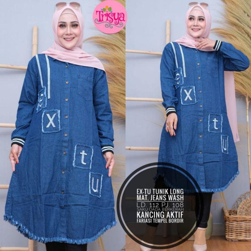 Terlaris,Tunik Ex-tu by Trisya,Bahan Jeans Wash Ori, Kombinasi Bordir Cantik, Kancing Aktif