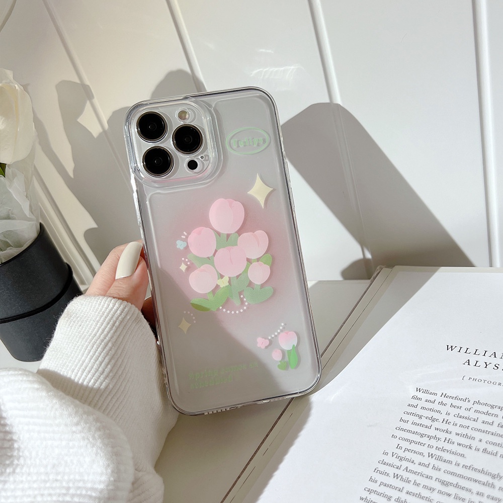 Case Pelindung Warna Pink Tulip Transparan Dengan Kartu Laser Untuk Iphone 11 8 7 Plus SE2 XS XR 12 13 Mini PRO MAX