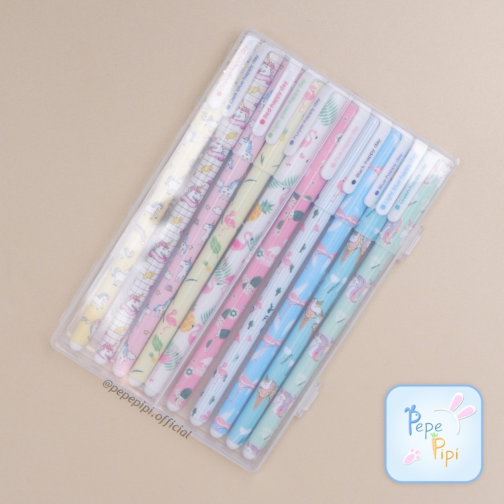 Pena 1 Set isi 10  Warna Warni Pena Warna Motif Pulpen Bolpen Marble Bolpoin Pen