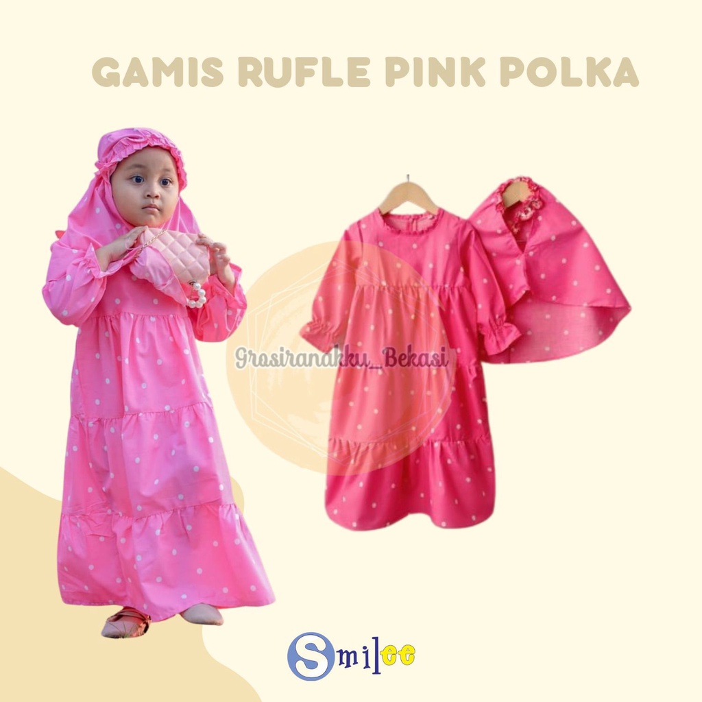 Gamis Katun Anak Rufel Motif Polka Pink Size 1-6Thn