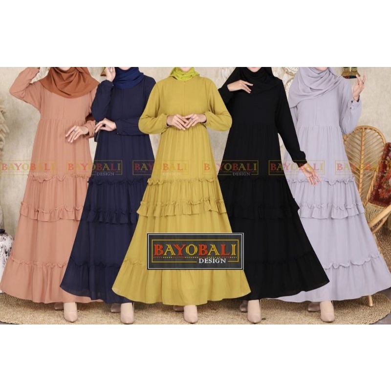 Gamis Ruffle Ceruty Babydol / dress busui rempel renda lebar mayung flowy resleting depan dada bahan
