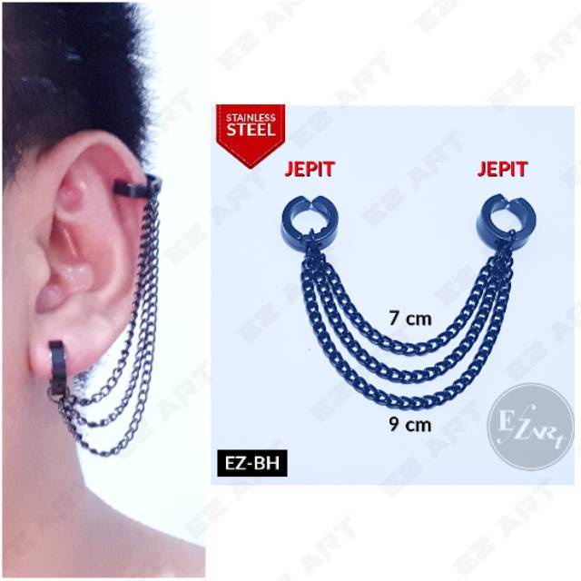 1Pc Model EZ-BH Black Hitam Anting Pria Wanita Jepit Tusuk Sambung Tiga Rantai Triple Helix