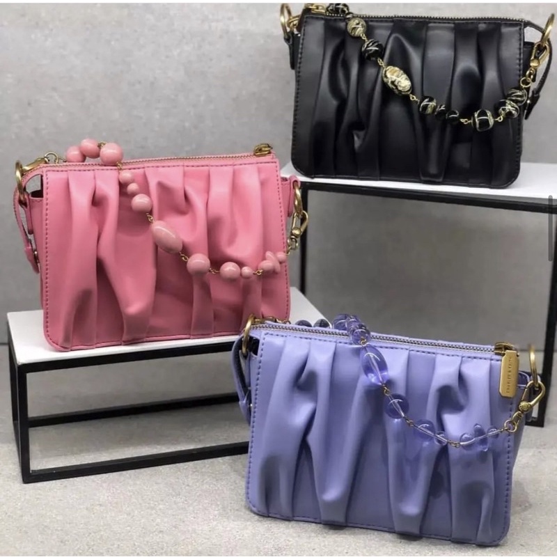 C Ruched Beaded Handle Shoulder Bag