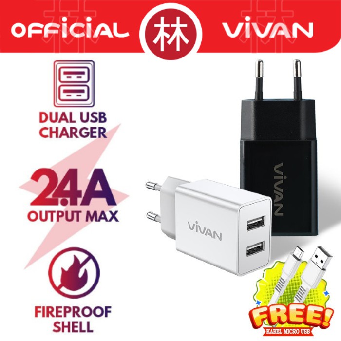 Vivan DD02 12W Dual Port USB Charger 2.4A With Data Cable Micro USB