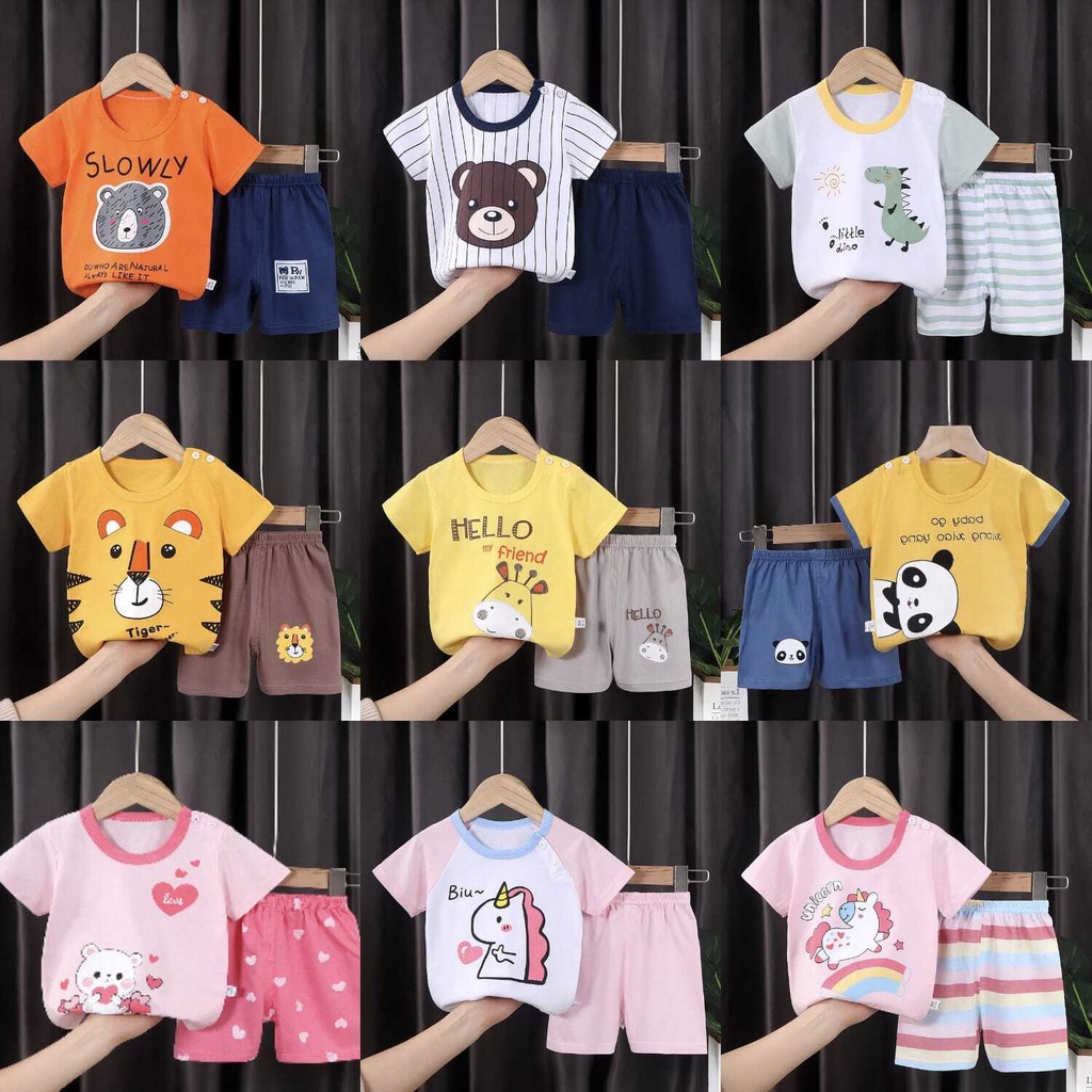 ( Mia ) Baju Anak Setelan Lengan Pendek Usia 0-6 Tahun, Baju Jumper Pendek Kaos + Celana Model PDK001-007