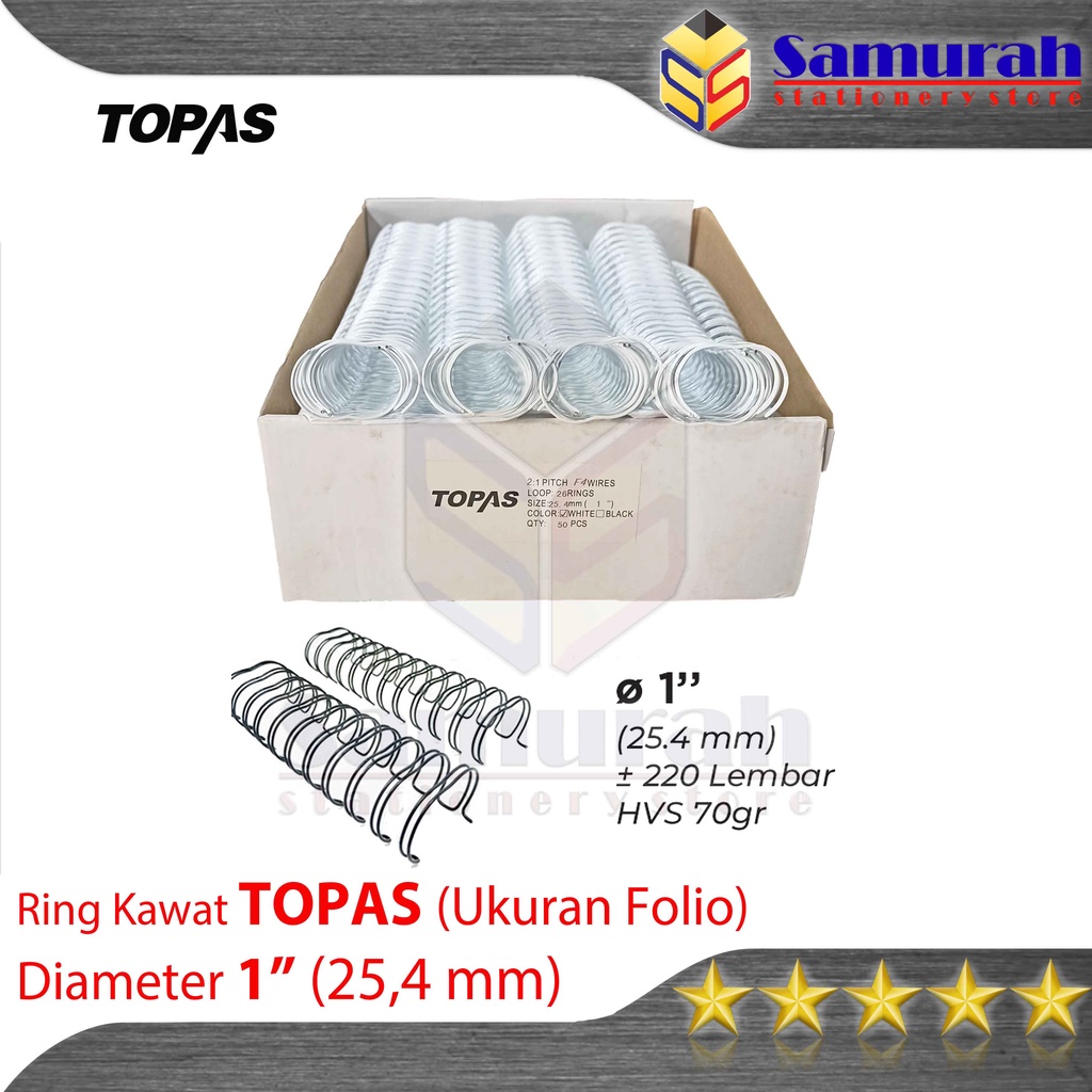 

Ring Binder Kawat Topas Ukuran Folio 1" Diameter 25,4 mm / 38 Wire Ring Binding 2 : 1 isi 50 Batang / 38 Lubang