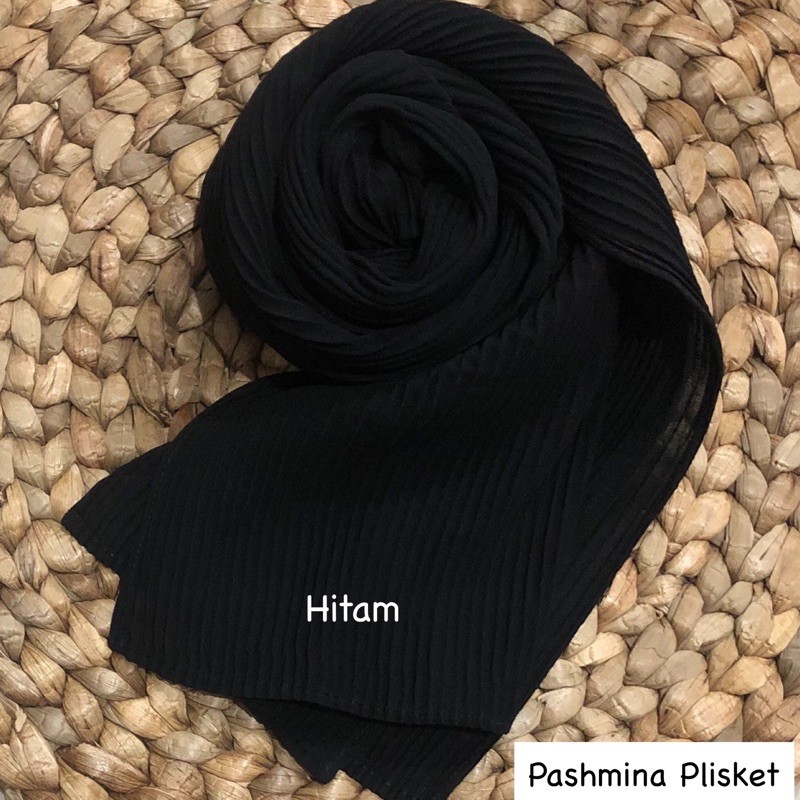 PASHMINA PLISKET CERUTY BABYDOLL FULL PLISKET TANPA GARIS TENGAH-Hitam Plisket