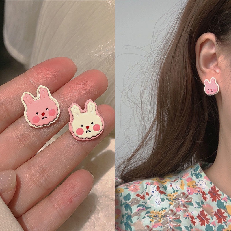 Anting Stud S925 Silver Bentuk Kartun Asimetris Gaya Korea Untuk Aksesoris Perhiasan