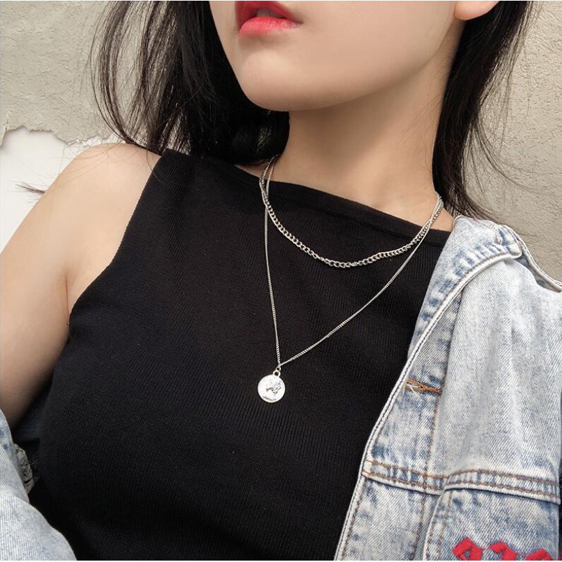 Kalung Rantai  COIN 02 Korea Fashion Gaya Punk Hip Hop Coin Necklace Wanita Pria HipHop Punk 2 Layer