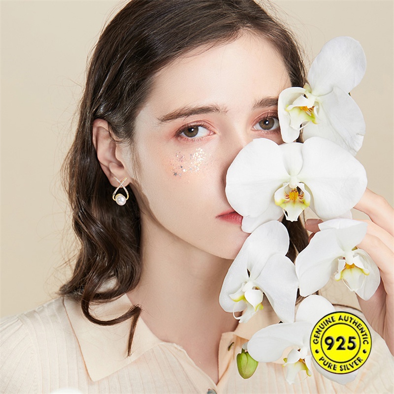 Anting Tusuk Motif Huruf X Hias Mutiara Imitasi Lapis Emas 18k Untuk Wanita