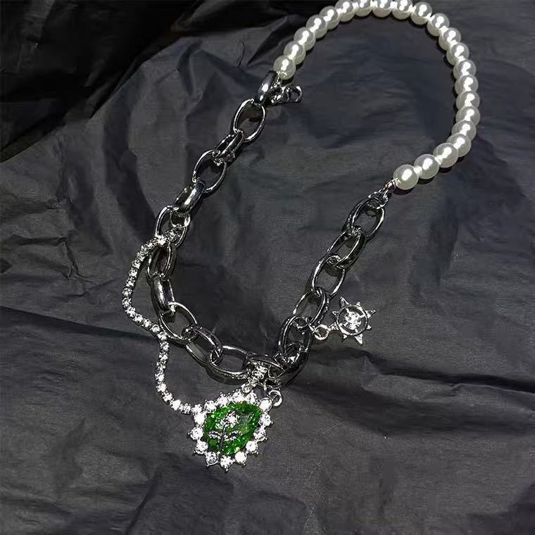 Green Rhinestone Pearl Necklace Accessories Hip Hop Clavicle Chain