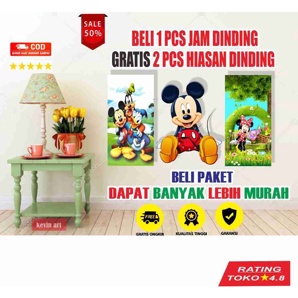 JAM DINDING UNIK KARAKTER MICKEY MOUSE GRATIS HIASAN BESAR TEMPEL TEMBOK 3d DEKORASI DINGDING KAMAR ANAK TERBARU ARTISTIK