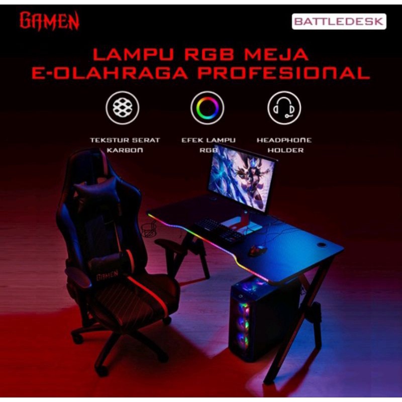 Meja Game GAMEN Gaming Table Battle Desk RGB Black / Meja Komputer / Meja Gaming E-Sport / Meja