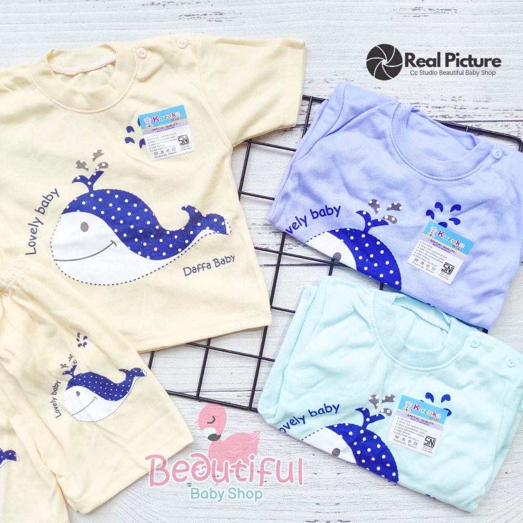 Setelan Baju Bayi Lengan Pendek Celana Pendek SNI Usia 3-12 Bulan Motif Paus / Baju Bayi Pendek / Setelan Harian Bayi Merk Kazuka / Kaos Oblong Bayi &amp; Anak Kancing Pundak / Baby.ou