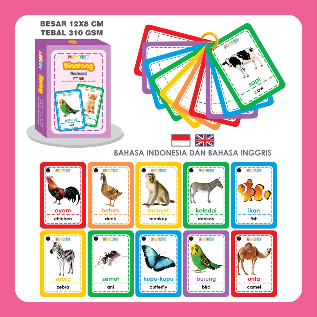 Flash Card Alfabet Huruf / Angka / Binatang . Flashcard Hewan Mainan Edukasi Kartu Pintar Anak