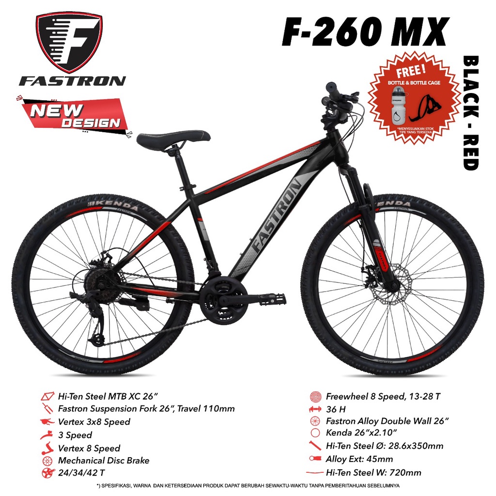 Fastron MTB F260MX Sepeda Gunung 26 Inci Rangka Steel 3x8 Speed Fork Susp. Disc Brake Remaja Dewasa
