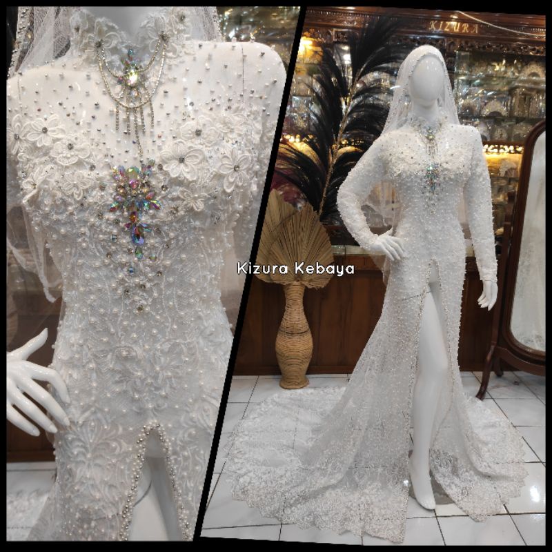 Kebaya Akad Putih Ekor Slayer Payet Standar / Jumbo