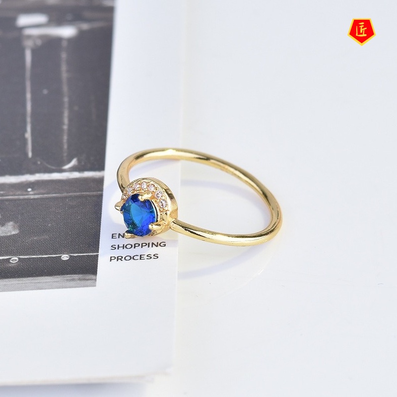 [Ready Stock]Women's Simple Personality 14K Gold Moon Sapphire Ring