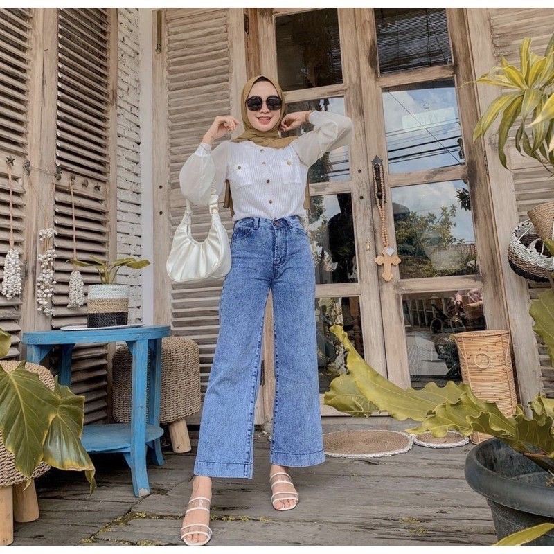 HIGHT WAIST KULOT JEANS SNOW BLCAK SNOW BLUE+ FREE BELT//WANITA PREMIUM FF001