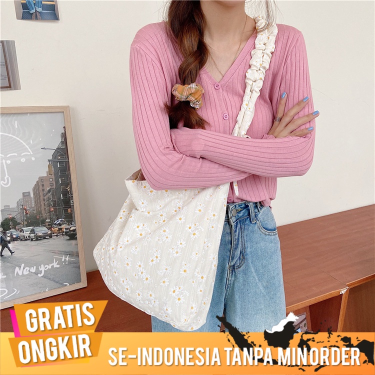 Tote Bags 03173  Jepang Segar Daisy Tas Kanvas  Wanita Sastra Tas Bahu Tipis Mahasiswa Kanvas  Tas K