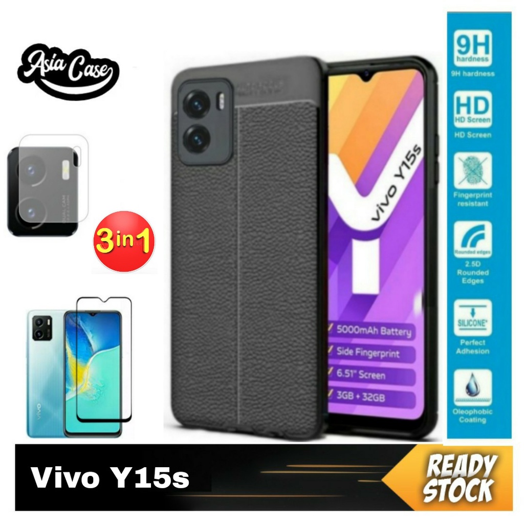 Case VIVO Y15s Free Tempered Glass Full Layar Dan Tempered Glass Camera Auto Focus Leather Premium