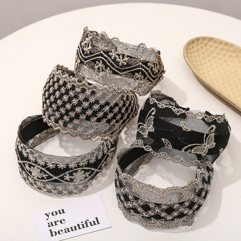 Bando Bandana Korea Lebar 7cm Rambut Wanita Dewasa Bahan Brokat Lucu Unik Fashion