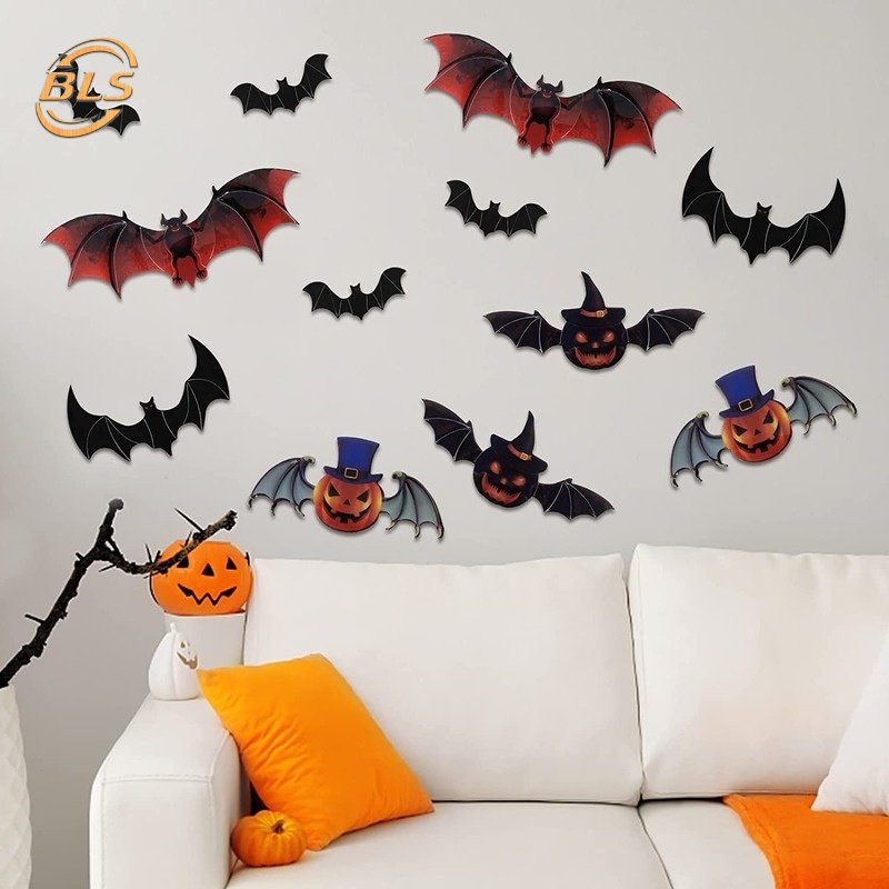 Stiker Dinding 3D Motif Kelelawar Labu Halloween Tahan Air Tahan Lama Untuk Dekorasi Rumah