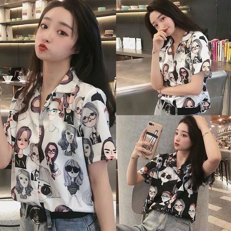 [ADA REAL PICT] KEMEJA LADIES RETRO LENGAN PENDEK // KEM WANITA CEWEK KATUN PRINTING KOREA MURAH