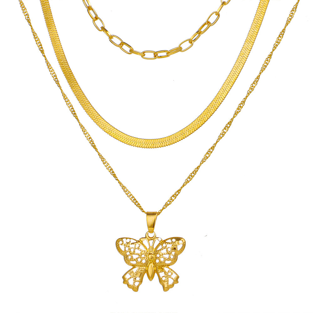 Retro Hollow Butterfly Pendant Multilayer Necklace Exaggerated Personality Necklace Clavicle Chain ins Trendy Girl