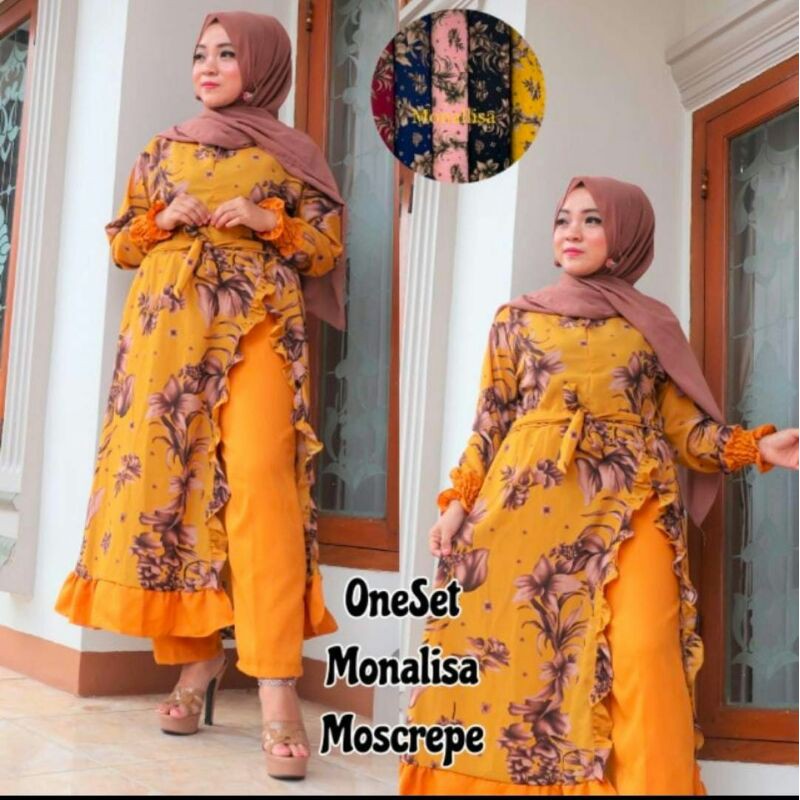 Tunik Set Celana Motif Kamboja Rempel Bawah