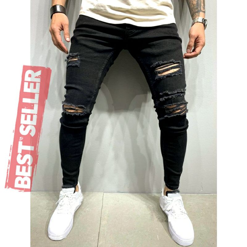 CELANA SOBEK PRIA RIPPED JEANS SLIMFIT SKINNY STRETCH PENSIL HITAM PREMIUM 27-38