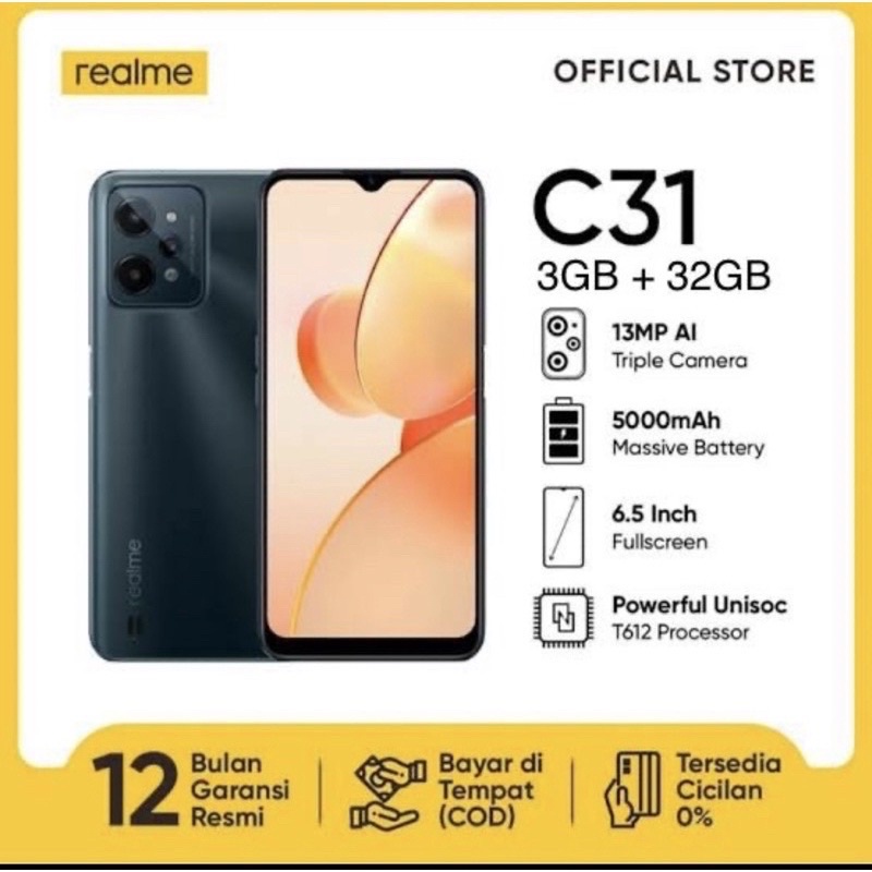 Realme C31 3/32GB, 4/64GB (Powerfull Unisoc T612 Processor) Garansi 1tahun