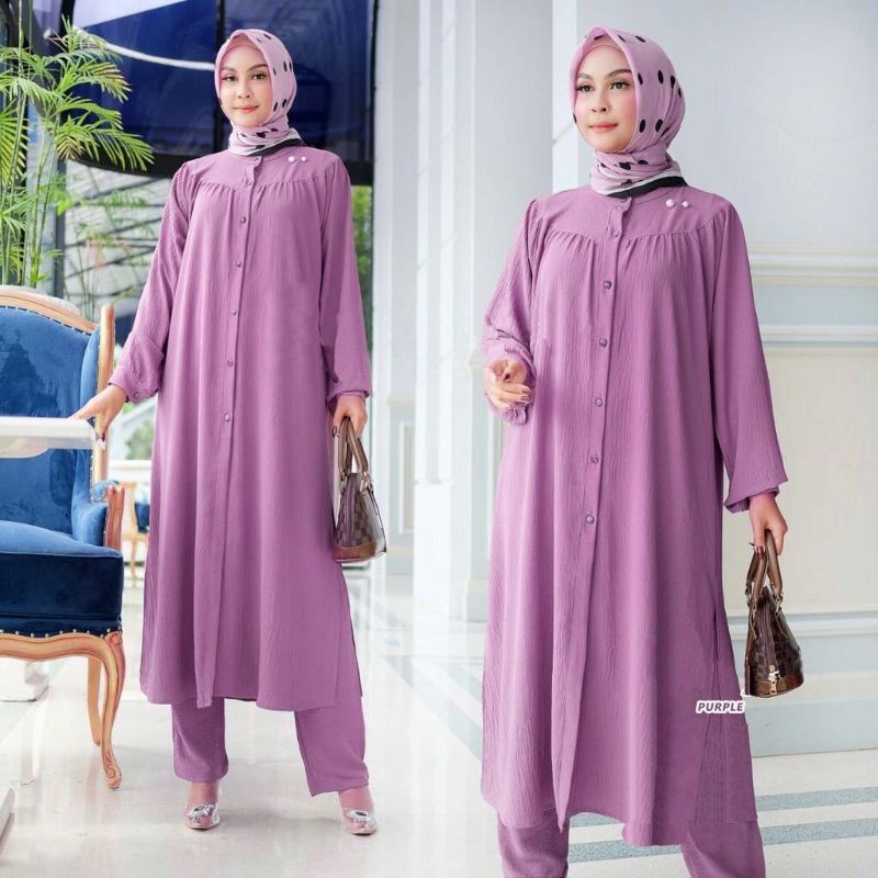 Stelan Rayon. Setelan Muslim. Setelan crinkle. Laluna Set. Baju Wanita. Fashion Muslim. Baju Muslim. Baju Busui friendly