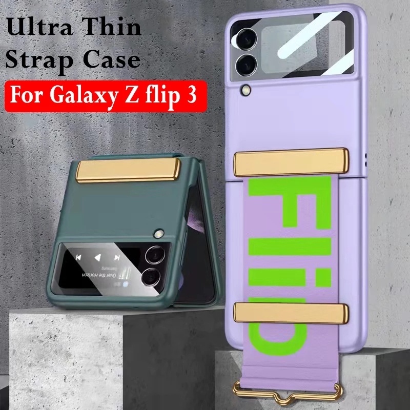 Casing Hard Case PC Ultra Tipis Anti Slip Dengan Strap Pergelangan Tangan Untuk Samsung Z Flip 3 5G